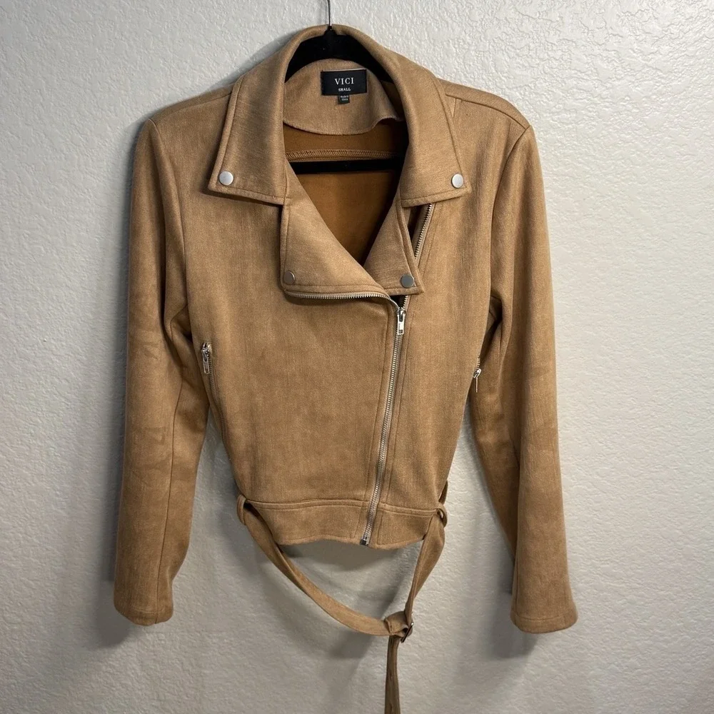 Vici‎ At The Fireside Cropped Faux Suede Moto Camel Jacket Zip Sz S Western Boho - Picture 2 of 10